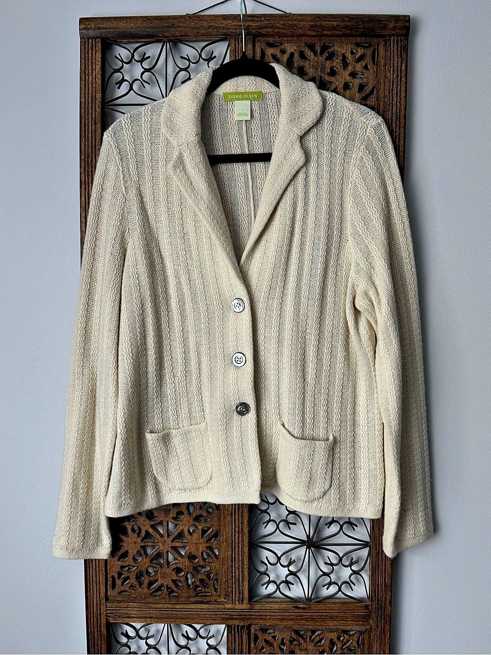 Sigrid Olsen Textured Knit Cardigan in Cream Large